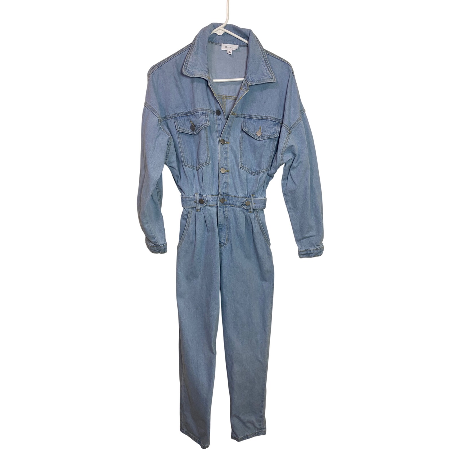 Mable Light Wash Denim Utility Jumpsuit Long Sleeve Button Front Size Medium
